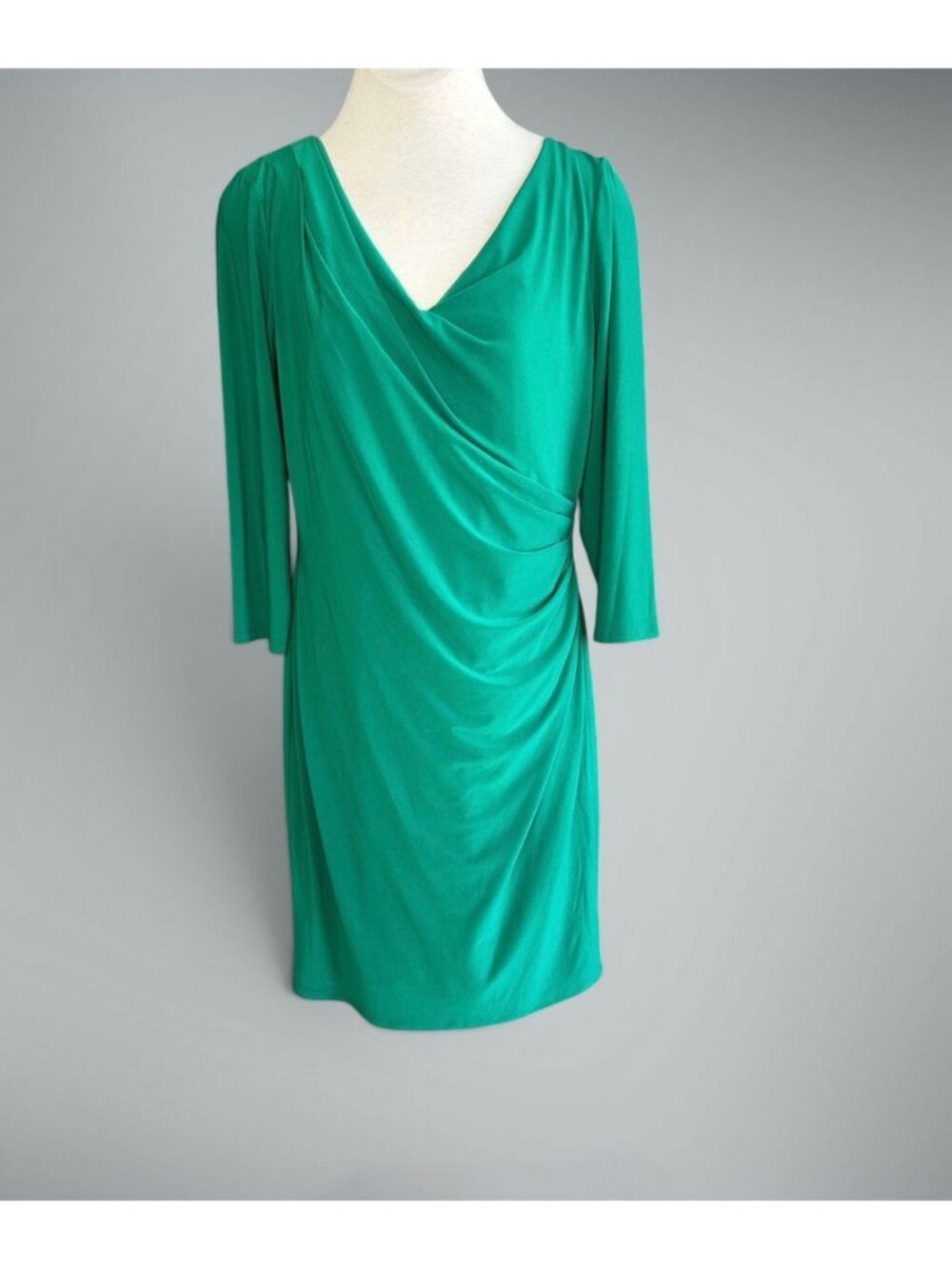 Lauren Ralph Lauren Kelly Green Jersey Knit Ruched Sides Long Sleeve Dress 16